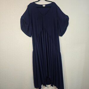 Avenue Maxi Dress Women Plus Size 30-32 Blue Roll Tab Sleeve Tie Waist Boho